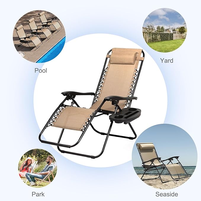 Nazhura Set of 2 Relaxing Recliners Patio Chairs Adjustable Steel Mesh Zero Gravity Lounge Chair Beach Chairs with Pillow and Cup Holder Khaki (Kahki)-Ruum Studio Home