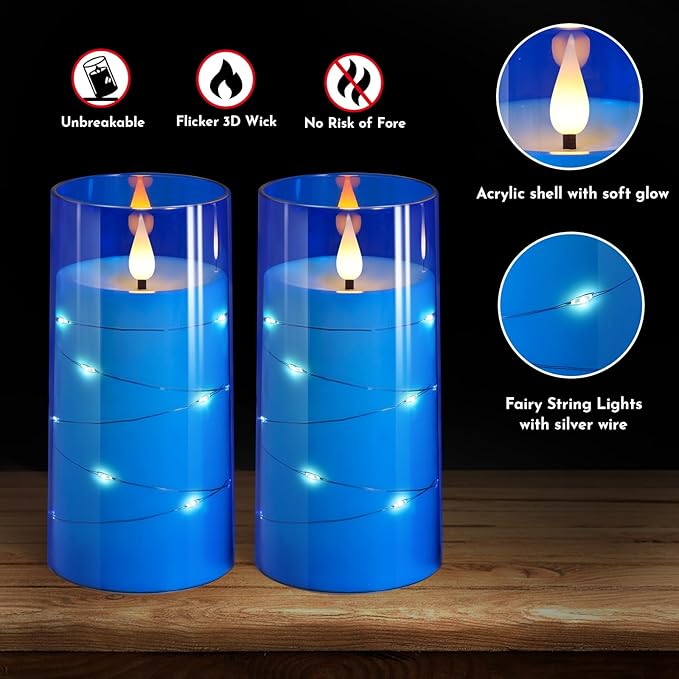 NURADA 3"x6"Flickering Flameless Candles: Built-in Star String 3D Wick Battery Operated LED Candles with Remote and Timer for Wedding Valentine's Day Decor, Blue 2 Pack-Ruum Studio Home