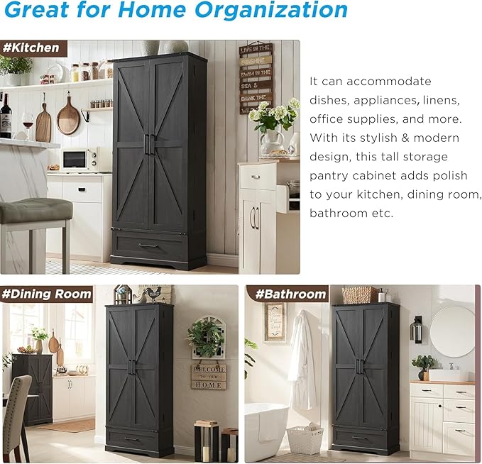 72" Farmhouse Kitchen Pantry Cabinet with Drawer, Tall Storage Cabinet with 2 Barn Doors and Shelves, Versatile Large Rustic Storage for Dining Room, Bathroom, Living Room, Black-Ruum Studio Home