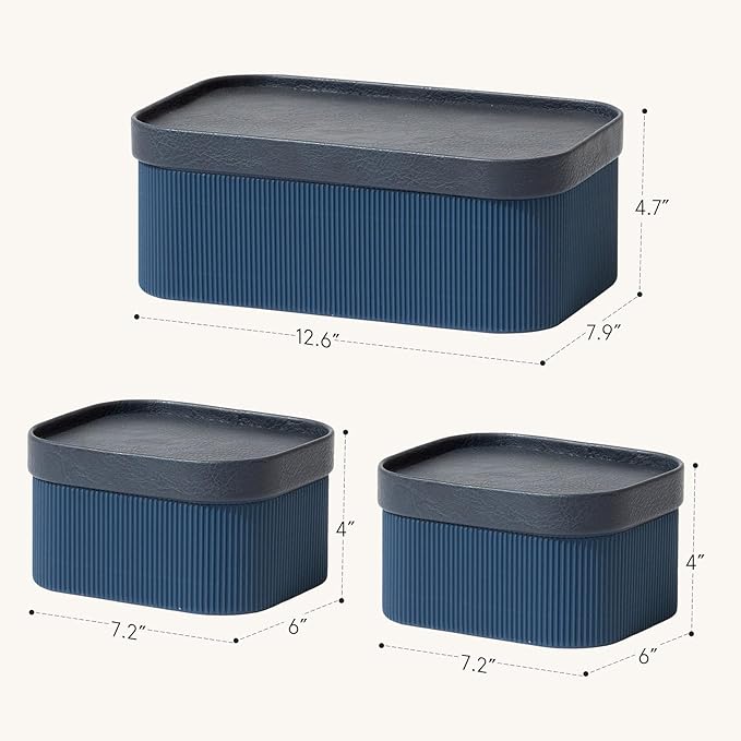 La Jolie Maison Fluted Cardboard Storage Baskets with Vegan Leather Lids, Sturdy Stackable Paper Boxes Decorative Tray, Basket Organizer Bins for Bathroom Bedroom Organizing, Navy Blue, Set of 3-Ruum Studio Home