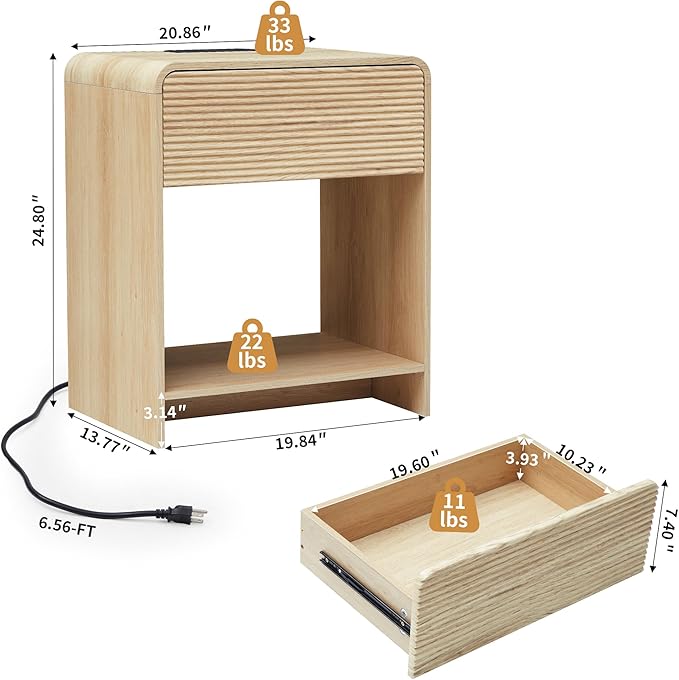 Fluted Nightstand with Charging Station, Mid Century Modern Bed Side Table End Table with Drawer Storage, Large Wooden Night Stands Bedside for Bedroom Living Room Sofa Office, Natural-Ruum Studio Home