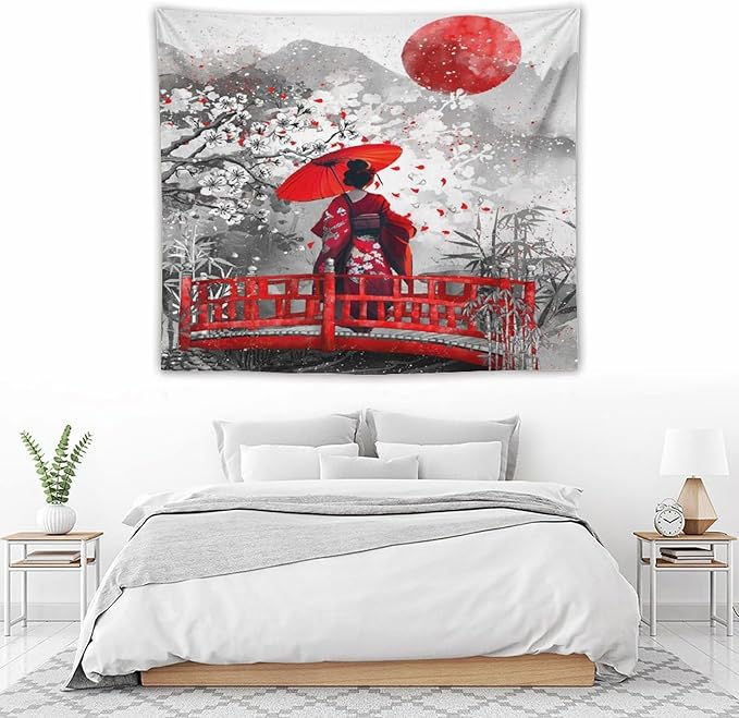 Japanese Red Geisha Tapestry Asian Cherry Blossom Red Sun Traditional Kimono Folk Tapestries Home Decor for Living Room Bedroom Apartment Farmhouse Dorm 60"x50"-Ruum Studio Home