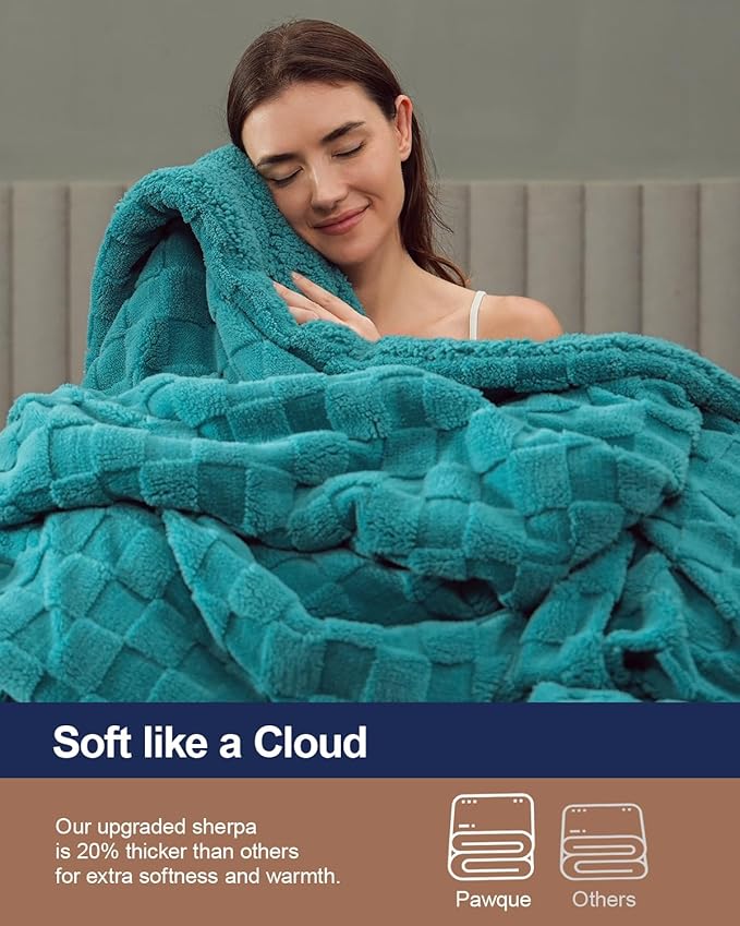 Pawque Super Soft Cozy Throw Blanket for Couch Bed - Fluffy Sherpa Fleece Reversible Thick Warm Fuzzy Blanket for All-Season, 3D Checkered Jacquard Elegant Decorative Blankets, Teal Green, 50" x 60"-Ruum Studio Home