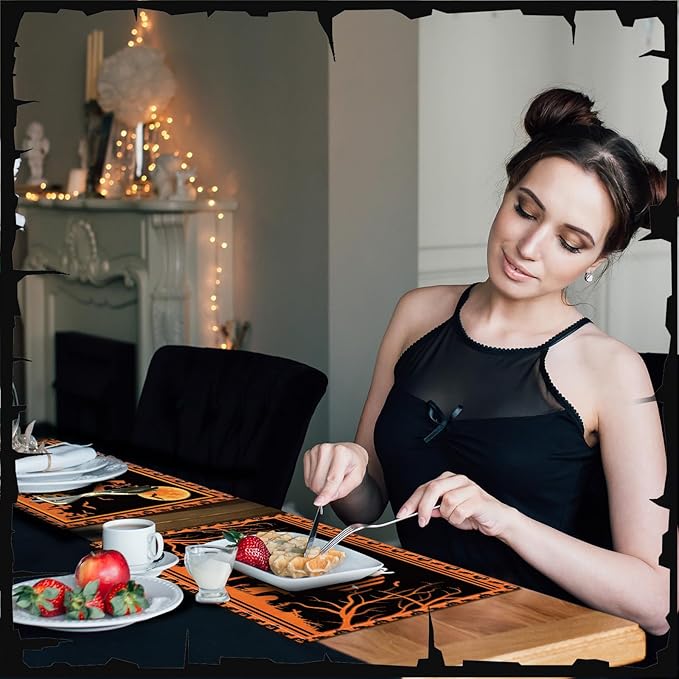 Umigy 6 Pcs Halloween Placemats 12"x18" Gothic Bat Placemats Kitchen Decoration Washable Witch Place Mats Rectangle Skull Table Mats for Halloween Dining Table Accessories(Black Orange Style)-Ruum Studio Home
