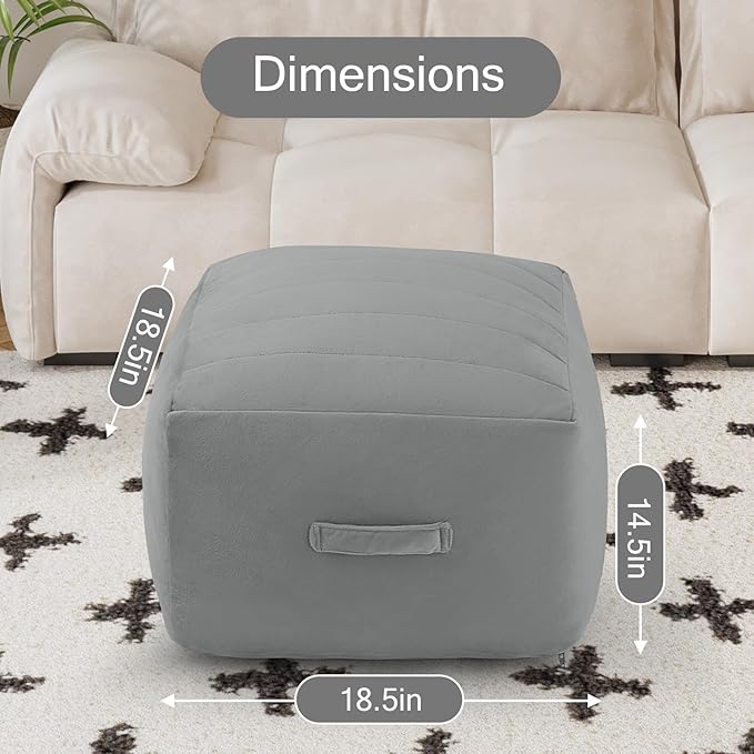 MeMoreCool Square Stuffed Pouf Ottoman Foot Rest, Floor Pouf Foot Stool with Foam Chunk Filling, Soft Stuffed Ottoman Footrest for Living Room, Light Grey-Ruum Studio Home