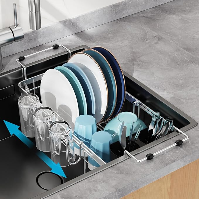 GSlife Expandable in Sink Small Dish Drying Rack - Stainless Steel Capacity Adjustable Over The Sink Dish Rack with Cup Holder (12" -16.8"), Dish Drainer for Kitchen Sink with Utensil Holder, Silver-Ruum Studio Home
