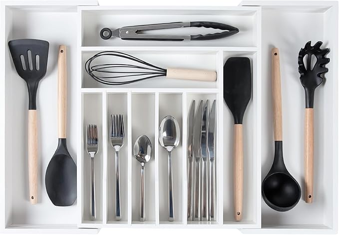Premium Silverware, Flatware and Utensil Organizer for Kitchen Drawers, Food-Safe Contract Grade, Expandable from 14.5 to 25 In, White Bamboo-Ruum Studio Home