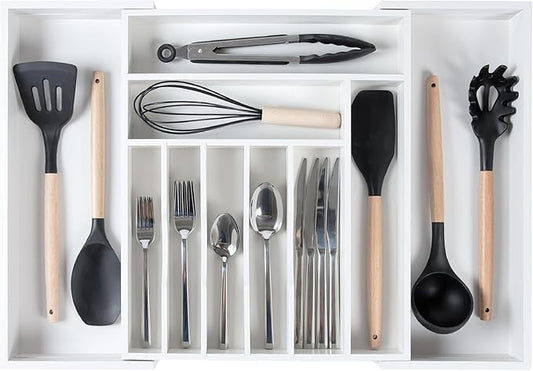 Premium Silverware, Flatware and Utensil Organizer for Kitchen Drawers, Food-Safe Contract Grade, Expandable from 14.5 to 25 In, White Bamboo-Ruum Studio Home