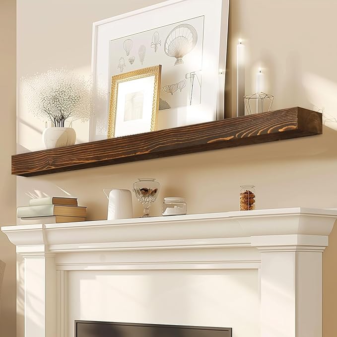 60x8x3 Fireplace Mantel - Solid Rustic Wood - Wall Mounted Floating Shelf with Invisible Heavy Duty Steel Bracket (Weathered Brown)-Ruum Studio Home