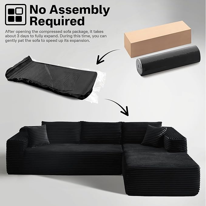 104" Cloudy Sectional L Shaped Couch for Living Room, No Assembly Required, Modular Comfy Sofa with Deep Seat, Fluffy Couch with Sleeper Chaise for Apartment Lounge (Black)-Ruum Studio Home