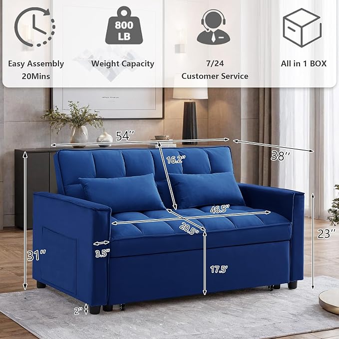 3 in 1 Convertible Sleeper Sofa Bed,Futon Loveseat Couch with Pull-Out Bed & Adjustable Backrest,Velvet Fabric Sofa with Side Pocket for Small Apartment, Living Room, Office (Blue)-Ruum Studio Home