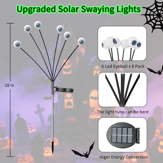 VOTTGO Halloween Solar Lights Outdoor, 8 Pack 48LED Scary Solar Eyeball Pathway Lights, 2 Modes Waterproof Swaying Solar Firefly Lights for Garden Yard Pathway Halloween Decorations, Purple + Orange-Ruum Studio Home