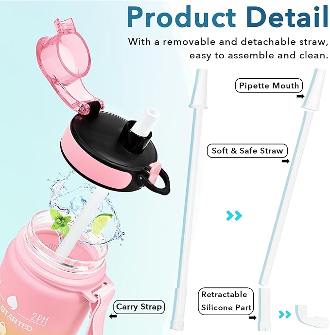 Enerbone Water Bottle, Leakproof BPA & Toxic Free, Motivational Water Bottle with Times to Drink and Straw, Fitness Sports Water Bottle with Strap for Office, Gym, Outdoor Sports-Ruum Studio Home