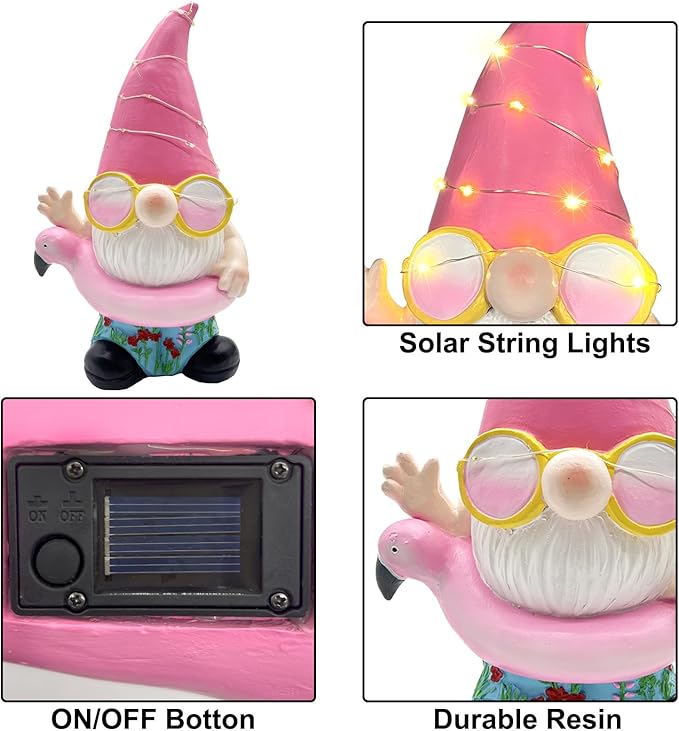 BAYN Garden Gnome Statues Outdoor Decor, Solar Powered Outdoor Gnome with Flamingo Swimming Decorative Yard Garden Lights Art Gifts with 11 Warm White LEDs-Ruum Studio Home