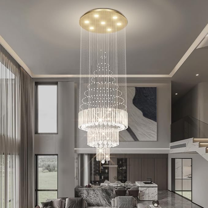Flashing God D24''XH86'' Modern Foyer Chandelier for High Ceiling Raindrop Crystal Chandelier High Ceiling Pendant Light Fixture for Hallway Living Room (Gold Staircase Chandeliers)-Ruum Studio Home
