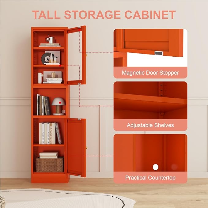 67" Tall Bathroom Storage Cabinet, Narrow Metal Floor Cabinet with Glass Door and Adjustable Shelves, Freestanding Metal Locker for Laundry, Kitchen, Dining Room-Ruum Studio Home