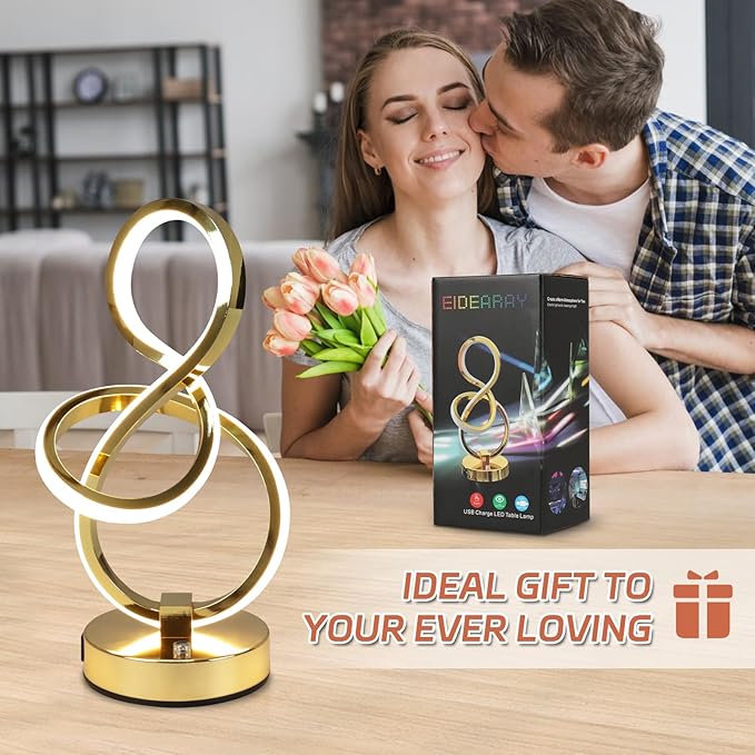 Modern Table Lamp, LED Bedside lamp with USB C+A ports, Touch Stepless Dimmable Nightstand lamp, Unique Spiral Table lamp for Bedroom Living Room Home Office, Spiral lamp for Ideal Gift, Gold-Ruum Studio Home