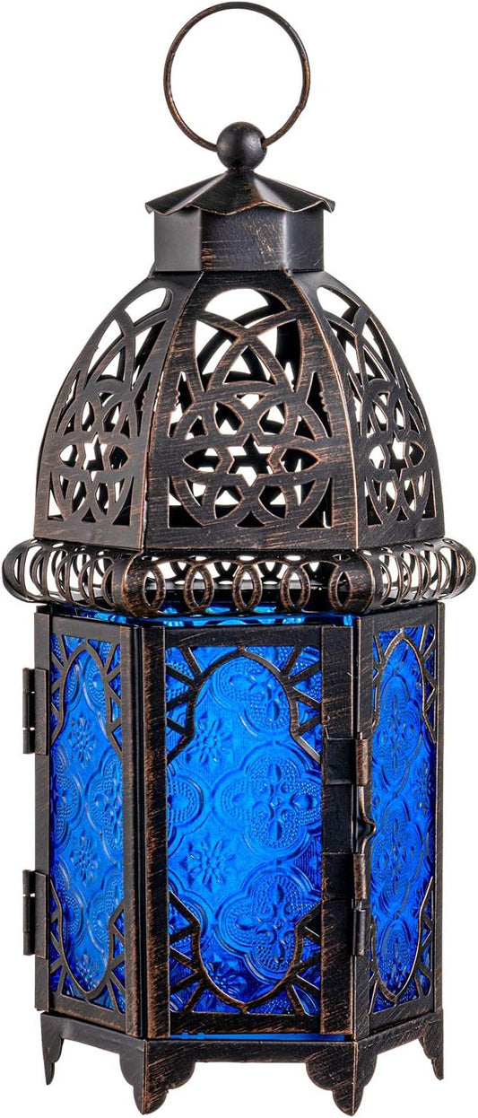 NEEDOMO Hanging Moroccan Lantern, 12.8'' Vintage Candle Holder, Metal Lanterns Decorative Indoor Outdoor, Table, Patio, Porch, Shelf, Gothic Home Decor (Blue, Large Size)-Ruum Studio Home