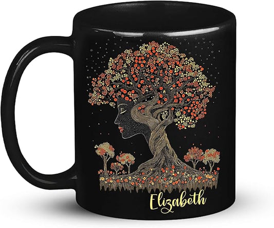 Custom Name Coffee Mug 11oz 15oz, Unique Nature Inspired Coffee Cup for Women, Personalized Vibrant Nature Themed Black Cup, Artistic Tree Ceramic Mug, Gifts for Women's Day-Ruum Studio Home