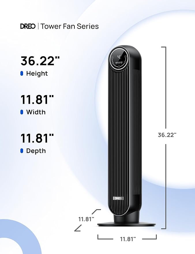 Dreo Tower Fan for Bedroom, 25ft/s Velocity Quiet Floor Fan, 90° Oscillating Fans for Indoors with 4 Speeds, 4 Modes, 8H Timer, Standing Fans, Bladeless Fan, Black, Nomad One (DR-HTF007)-Ruum Studio Home