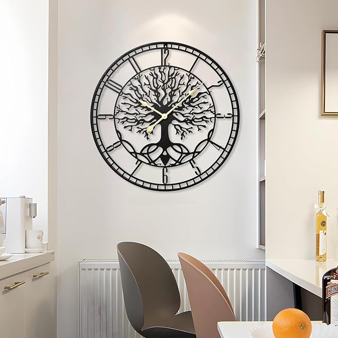 Tree of Life Wall Clock – Elegant 24-Inch Oversized Metal Farmhouse Decor for Living Room, Modern Battery Operated Wall Clock with Silent Operation-Ruum Studio Home