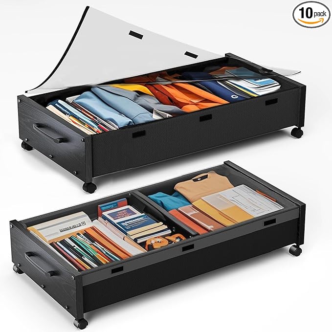 Wooden Under Bed Storage with Wheels, 80L Extra-large Rolling Under the Bed Storage Bins 2 Pack with Removable Lid, Upgrade Metal Under Bed Drawers for Clothes Shoes Blankets in Bedroom-Ruum Studio Home