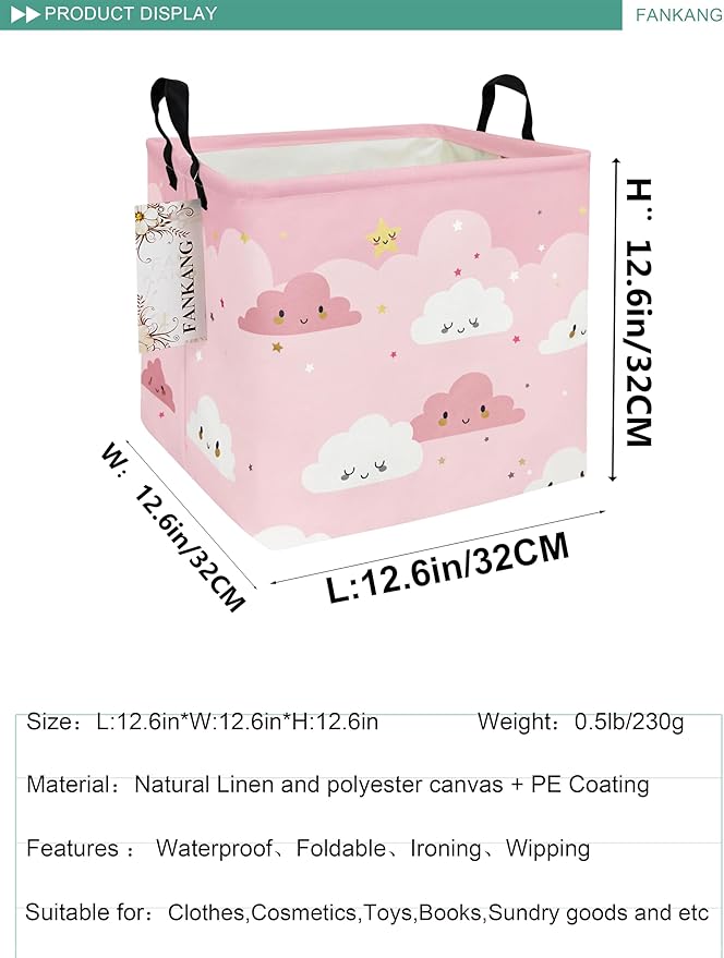 FANKANG Square Nursery Hamper Storage Bins Canvas Laundry Basket Foldable with Waterproof PE Coating Storage Baskets Gift Baskets for Children, Office, Bedroom, Clothes（Square-pink cloud ）-Ruum Studio Home
