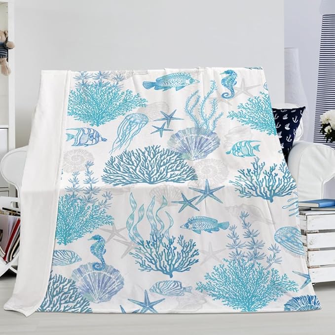Blue Ocean Beach Throw Blanket Nautical Coastal Bed Blanket Starfish Seashell Coral Blankets Super Soft Flannel Fleece Throw Blanket for Couch Bed Decor “60 x80”-Ruum Studio Home