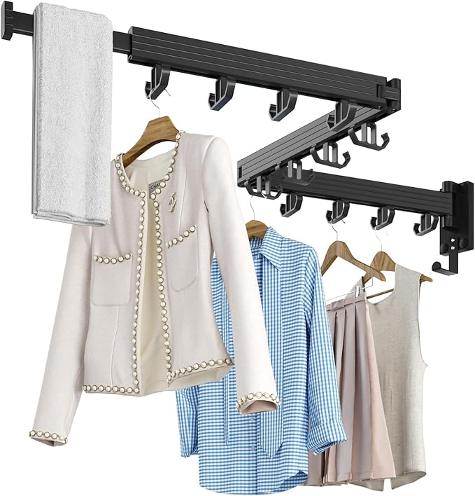 Wall Mount Clothes Drying Rack, Wall Mounted Drying Rack, Upgraded 3-Fold & Sturdy Laundry Drying Rack with 12 Dual-Side Hooks Space Saver for Laundry Room, Apartment, Dorms - Black-Ruum Studio Home
