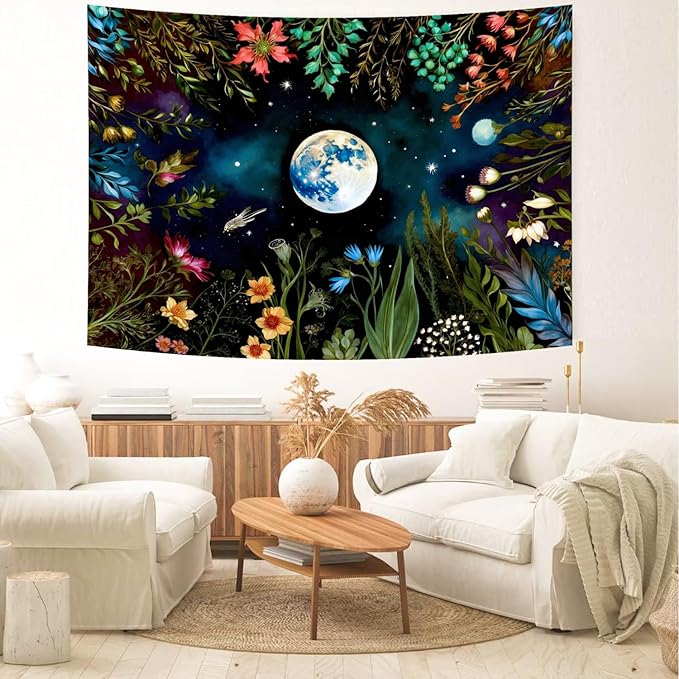 Delur Moonlit Garden Tapestry Boho Moon Floral Plant Tapestry Wall Hanging Colorful Flower Botanical Nature Night Landscape Headboard for Bedroom Living Room Home Decor (70.8" x 92.5")-Ruum Studio Home