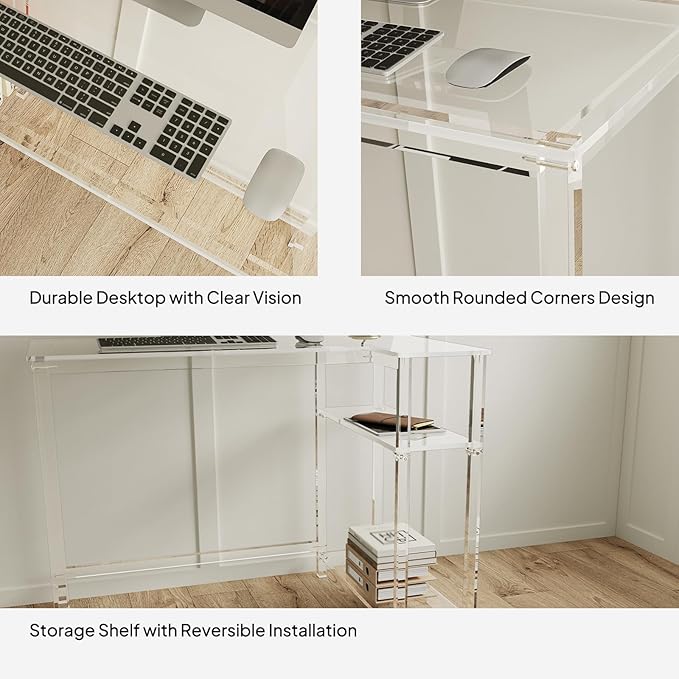 Eglaf Acrylic L-Shaped Desk - Clear Desk with Reversible Storage Shelves - Modern Home Office Desk Corner Desk for Study, Writing, Rectangular Legs, Easy Assembly, 39.4" L x 27''W x 29.5" H-Ruum Studio Home