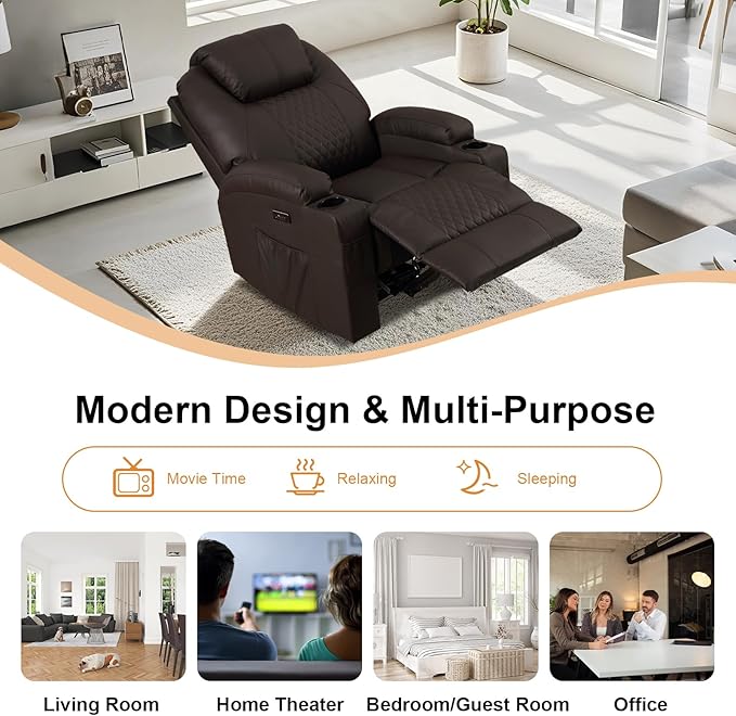 AHMED Power Recliner Chair with Vibration Massage & Heat for Adults, Faux Leather Home Theater Seating with Cup Holders/LED Lights/USB Ports/Side Pockets for Living Room, Brown-Ruum Studio Home