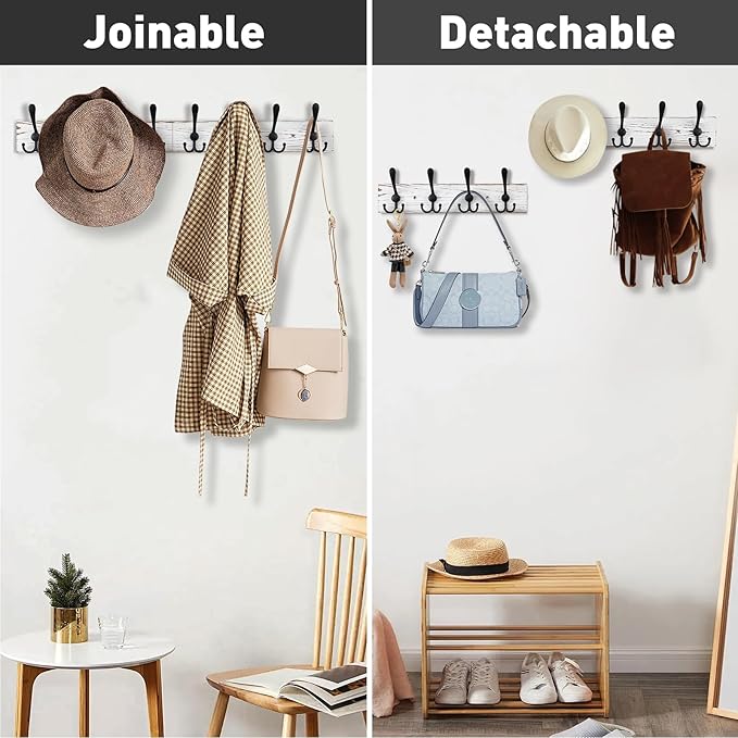 32.2'' Large Coat Rack Wall Mount Coat Hooks with 8 Metal Black Triple-Hooks Old White Pine Real Wood Plank Hat Rack for Wall Hooks-Ruum Studio Home