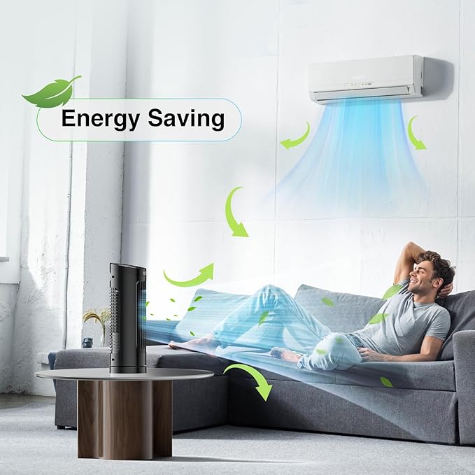 VCK 13'' Tower Fan for Bedroom,27ft/s Velocity Quiet Floor Fan,90° Bladeless Fan for Indoors with 3 Speeds,3 Modes,Oscillating Fans for Indoors,Portable Desk Table Fans for Room, Home,Office-Ruum Studio Home