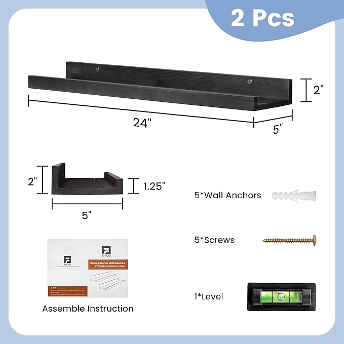 Picture Ledge Shelf for Wall, 24 inch Solid Pine Wood Nursery Book Shelves 2 Packs, Floating Ledge Shelves for Kids' Room Bedroom Bathroom Living Room Photo Frames Office Nursey Wall Decor, Black-Ruum Studio Home