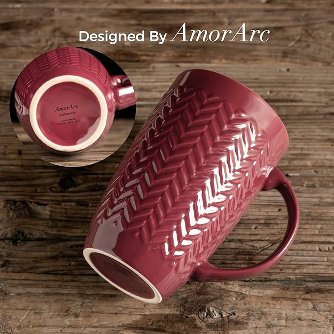 AmorArc Extra Large Coffee Mugs Set of 6, 20oz Ceramic Tall Coffee Mugs with Textured Geometric Patterns for Latte/Tea/Beer/Hot Cocoa, Dishwasher & Microwave Safe, Burgundy-Ruum Studio Home