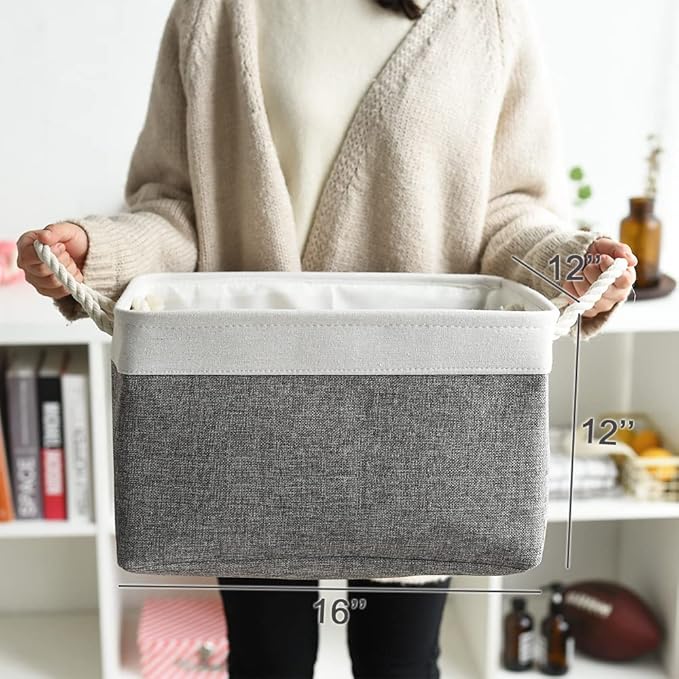 TheWarmHome Organization and Storage Basket for Organizing - 3 Pack 16x12x12 inch Cube Storage Bin Fabric Storage Cubes for Organizer Cloth Gift Toy Closet (White & Grey)-Ruum Studio Home