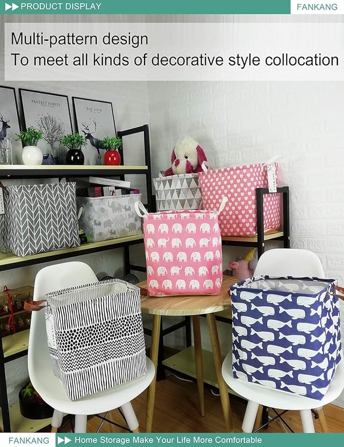 FANKANG Square Nursery Hamper Storage Bins Canvas Laundry Basket Foldable with Waterproof PE Coating Storage Baskets Gift Baskets for Children, Office, Bedroom, Clothes（Square-Black Lines ）-Ruum Studio Home