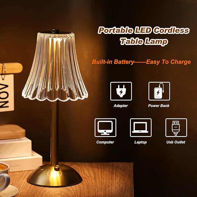 Liliful 4 Pcs LED Portable Cordless Table Lamp Touch Battery Operated Rechargeable Desk Lamp 3 Color Dimmable for Bedroom Living Room Dining (Rose Style,Gold)-Ruum Studio Home