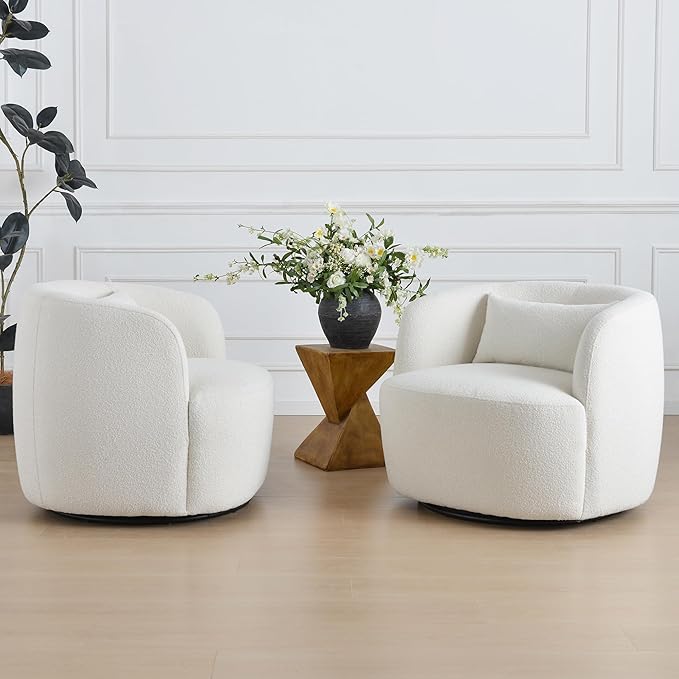 KINWELL 34" Wide Sherpa Swivel Barrel Chairs Set of 2, No Assembly Round Boucle Upholstered Accent Chairs Armchairs Single Sofa Chair with Toss Pillow for Living Room and Bedroom, Beige-Ruum Studio Home