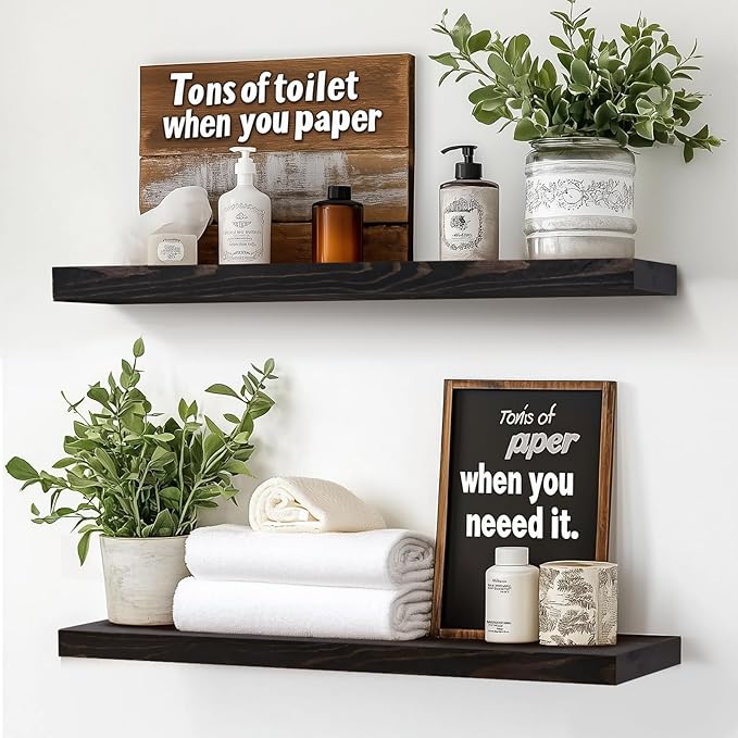 24"x6.8"x1.2" Solid Wood Floating Shelves 2-Pack - Rustic Black Finish with Hidden Brackets, Perfect for Storage and Décor in Living Room, Kitchen, Bedroom-Ruum Studio Home