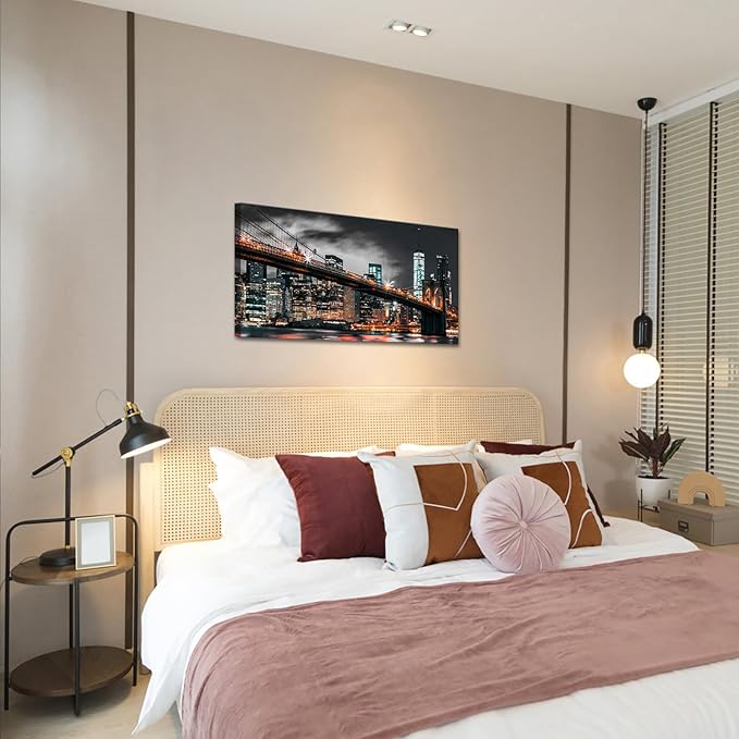 RyounoArt New York City Pictures Wall Art NYC Skyline Canvas Paintings Brooklyn Night Cityscape Prints Wall Decor Framed 20x36 Inch-Ruum Studio Home