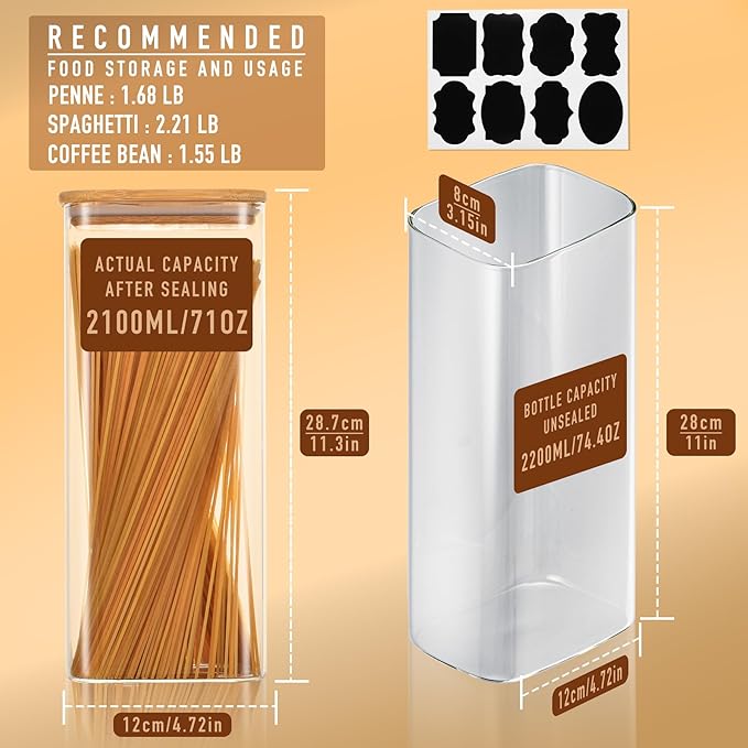 71oz Rectangle Airtight Glass Storage Containers with Bamboo Lids (Set of 4), Square Food Storage Jar, Pantry Organizers for Sugar, Flour, Spaghetti and Coffee beans (‎with Black Lable)-Ruum Studio Home