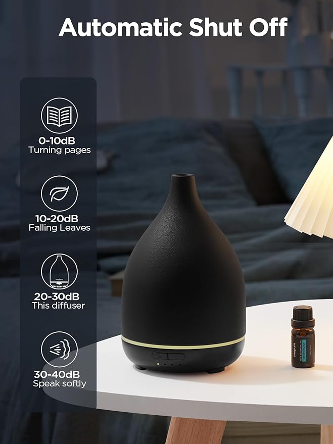 InnoGear Oil Diffuser, 300ML Ceramic Diffuser for Essential Oils Handcrafted Aromatherapy Diffuser Ultrasonic Cool Mist Humidifier with 4 Timers Waterless Auto Off for Room Office, Black-Ruum Studio Home