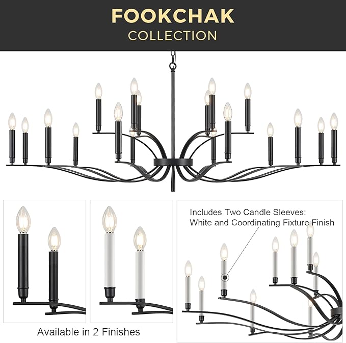 Black Living Room Chandelier 18 Light Hight Ceiling Foyer Candle Chandelier Large Dining Room Light Fixture Over Table 59in Metal Modern Chandeliers Hanging Light for Entry Master Bedroom-Ruum Studio Home