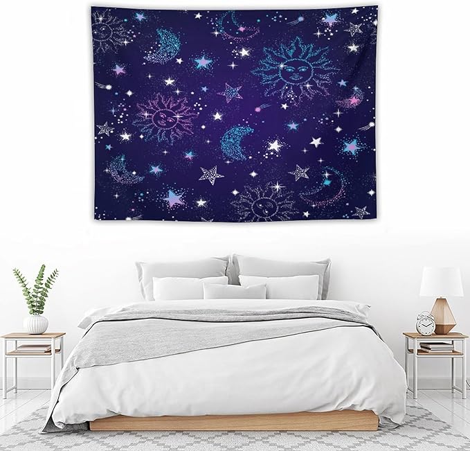 HZOHNAGO Boho Sun Moon Tapestry Purple Blue Sun Stars Galaxy Pattern Printed Wall Tapestry Wall Hanging for Bedroom Living Room Dorm 40" W x 30" H-Ruum Studio Home