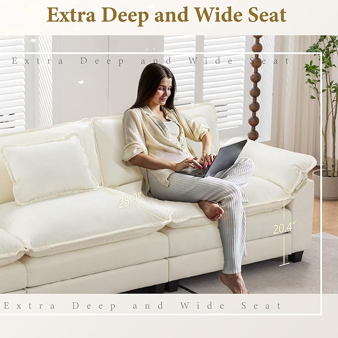 URRED Modular Sectional Sofa Comfy Cloud Couch, Modern Chenille Sofa Sleeper Deep Seat Couches with Ottoman/Pillows for Living Room (White, 117''- L Shape)-Ruum Studio Home