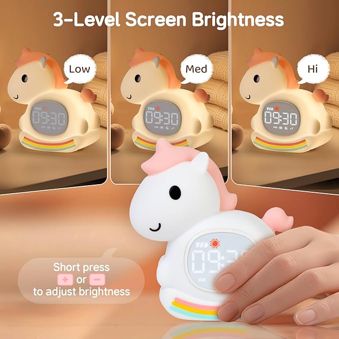 Cute Alarm Clock for Kids with Night Light, Sleep Training Clock Time to Wake Clock, Rechargeable Silicone Light for Bedroom, Perfect Sleep Companion for Boys Girls, Pink Pony-Ruum Studio Home