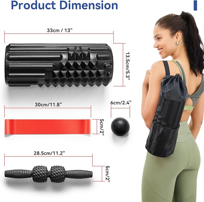 5 in 1 Foam Roller Set, High Density Foam Roller, Muscle Roller Stick, Massage Ball, Resistance Band for Physical Therapy & Deep Tissue Muscle Massage (Black)-Ruum Studio Home