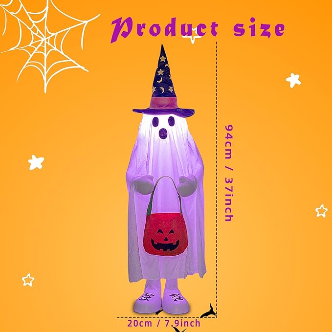 37" Cute Front Porch Light Up Halloween Ghost Décor, Kids Standing Trick or Treat Indoor and Outdoor Decorations-Star Moon-Ruum Studio Home